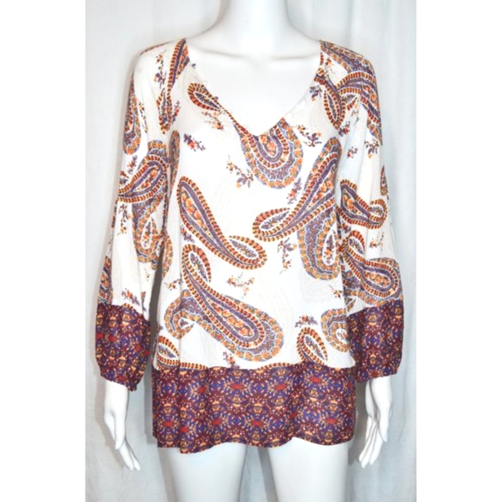Lucky Brand Boho Floral Paisley V-Neck With Buttons Long Sleeve Top Size S